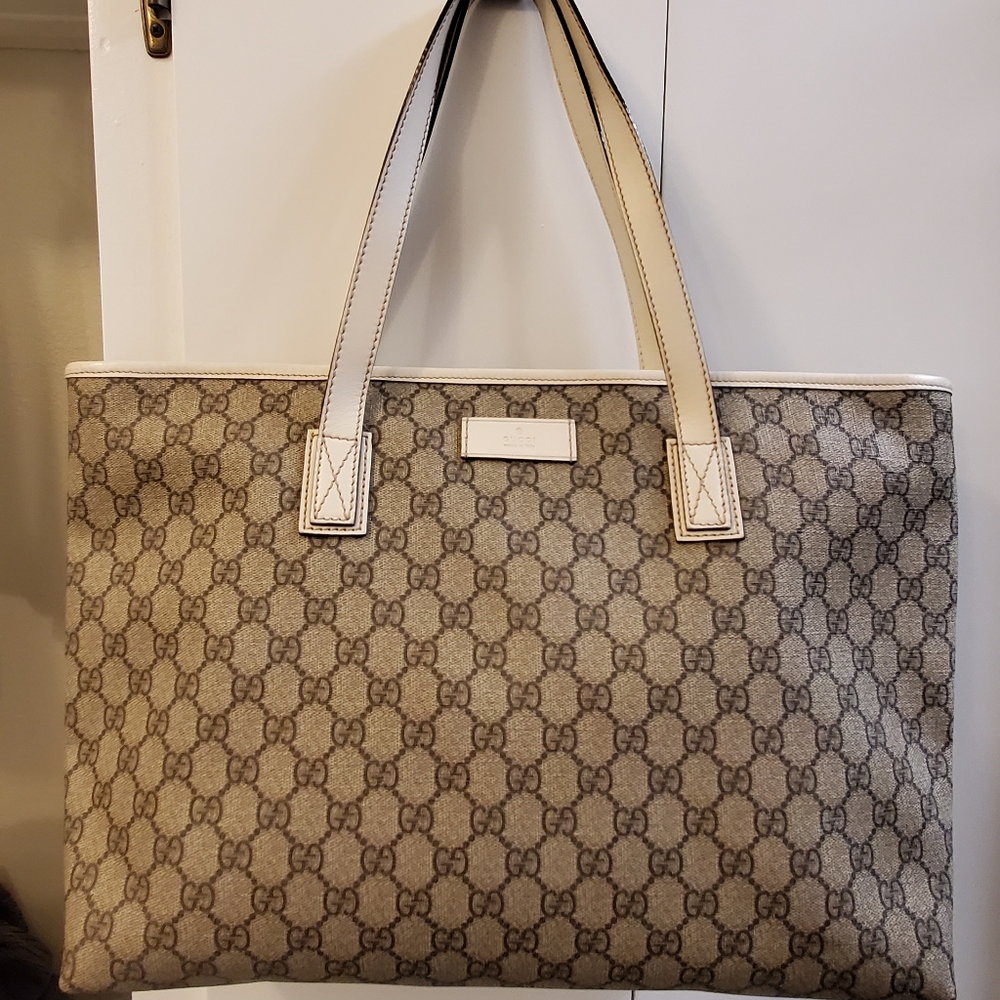 Gucci Beige Brown GG Canvas Tote with Cream Trim